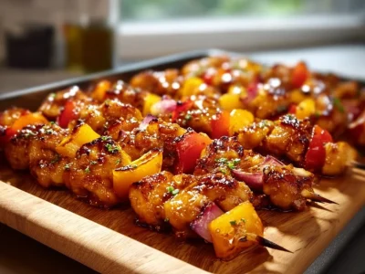 Crispy honey-garlic chicken skewers on a platter with dipping sauce