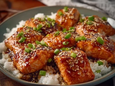 Crispy honey garlic salmon bites served with fresh herbs and lemon slices.