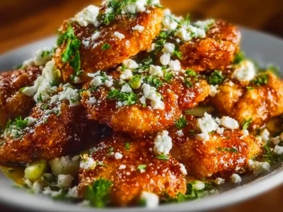 Crispy hot honey feta chicken plated with herbs