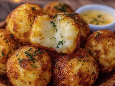 Crispy potato and cheese bombs drizzled with garlic butter on a plate.