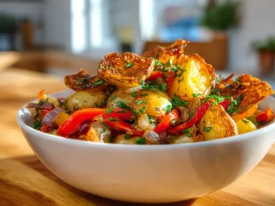 Crispy potato salad topped with fresh herbs and spices