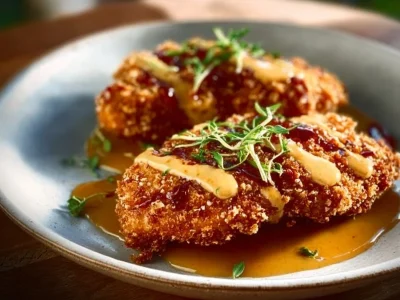 Crispy pretzel crusted chicken served with cheddar mustard sauce