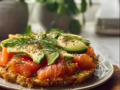Crispy rice cracker topped with salmon and avocado for a nutritious snack