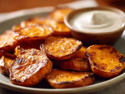 Crispy Crispy Roasted Sweet Potato Rounds With Yogurt Dip on a plate
