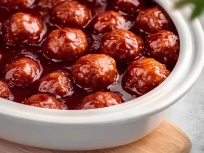 Crockpot BBQ grape jelly meatballs served on a plate