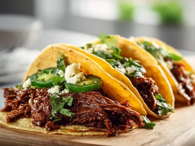 Delicious Crockpot Beef Tacos served with fresh toppings and garnishes