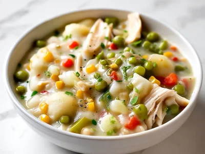 crockpot chicken pot pie recipe with tender chicken, peas, carrots, and creamy sauce served in a white bowl
