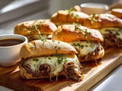 Delicious Crockpot French Dip Sandwiches served with dipping sauce