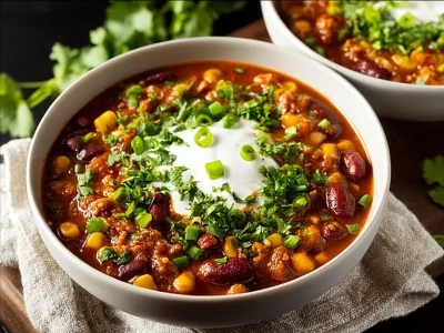 Bowl of Crockpot Vegetarian Chili topped with fresh herbs and spices