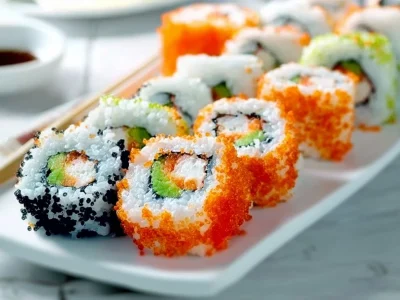 Delicious Crunchy Roll Sushi featuring assorted seafood and crispy toppings.