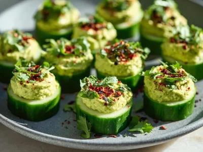 Cucumber Avocado Bites on a white plate garnished with herbs
