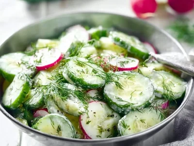 A vibrant Cucumber Dill Salad with fresh ingredients and herbs.