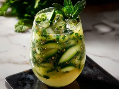 Cucumber mint water served in a glass with ice cubes and mint sprig