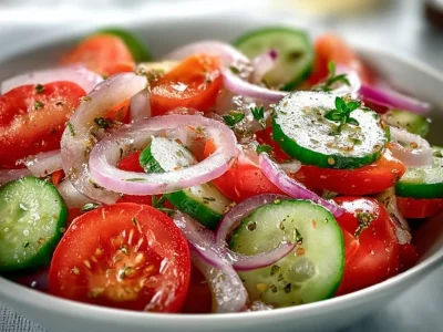 Cucumber, onion, and tomato salad in a bowl, fresh and healthy