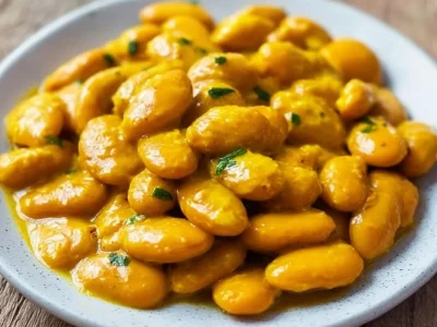 Curried Butter Beans served in a bowl with spices and herbs