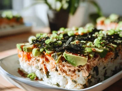 Deconstructed Sushi Bake with seafood ingredients and toppings