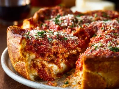 Delicious Deep Dish Pizza with layers of cheese, toppings, and crust
