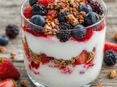Berry Yogurt Parfaits with layers of fresh berries, yogurt, and granola
