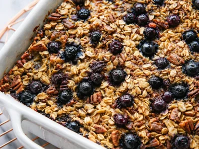Healthy Blueberry Baked Oatmeal served in a dish, showcasing fresh blueberries and oats.