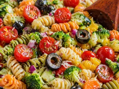 Colorful garden pasta salad with fresh vegetables and Italian dressing in a large serving bowl.