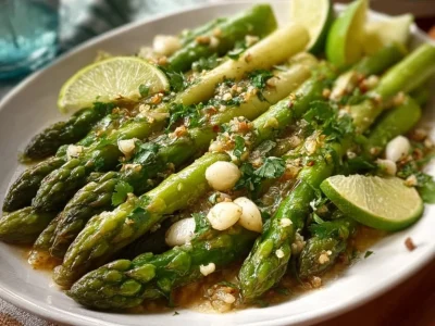 Deliciously sautéed asparagus served on a plate with seasoning.