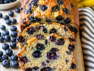 Moist Blueberry Banana Bread loaf topped with cinnamon crunch and fresh blueberries.