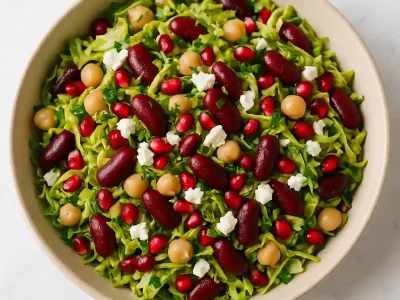 Dense bean salad with Brussels sprouts, chickpeas, pomegranate and feta in ceramic bowl