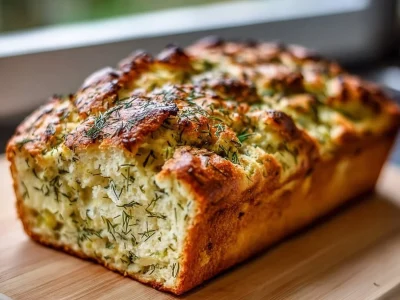 Homemade Dill Pickle Bread fresh out of the oven with dill pickle slices on top.