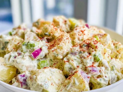 Delicious Dill Potato Salad with fresh herbs and spices served in a bowl.