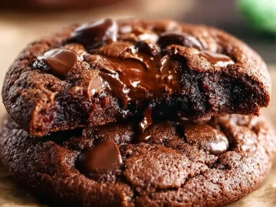 Delicious double chocolate mint cookies stacked on a plate.