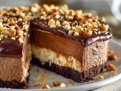 No-bake German chocolate pie topped with chocolate curls and coconut flakes