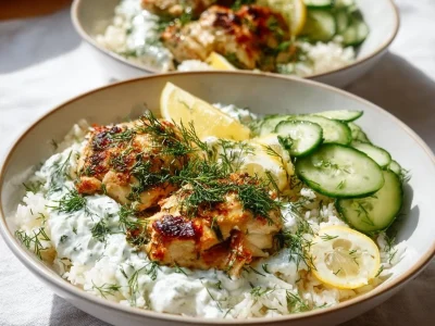 Dump-and-Bake Chicken Tzatziki with rice served in a bowl