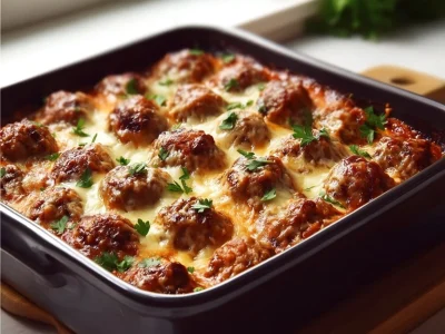 Dump-and-bake meatball casserole in a baking dish topped with cheese and herbs.
