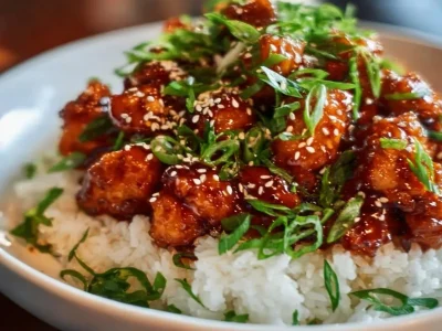 Delicious spicy Korean chicken served with rice and veggies, ready in 30 minutes.