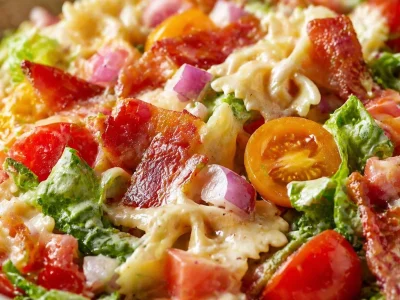 BLT Pasta Salad with bacon, tomatoes, lettuce, and creamy dressing in a bowl.
