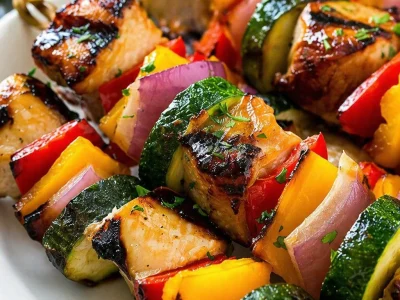 Juicy Grilled Chicken Kabobs with colorful vegetables on skewers, grilled to perfection.