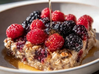Delicious Easy Baked Oatmeal Casserole served in a dish with fresh fruits on top