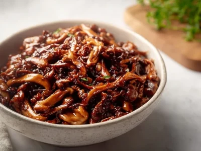 Delicious and easy BBQ Pulled Mushrooms served with fresh herbs.