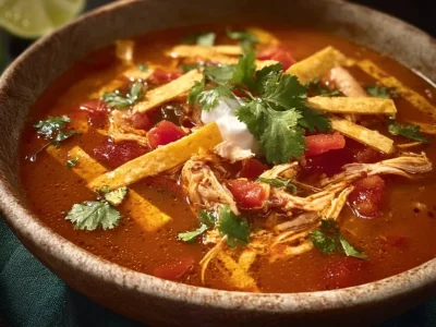 Bowl of Easy Chicken Tortilla Soup topped with tortilla strips and fresh cilantro