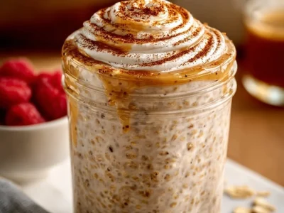 High protein cinnamon roll overnight oats topped with cinnamon and nuts
