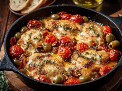 Delicious Easy Mediterranean Chicken Skillet with fresh vegetables and herbs