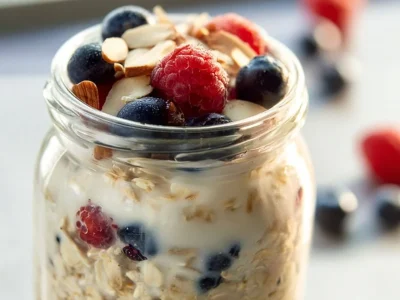Bowl of easy overnight oats topped with fruits and nuts