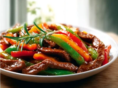 A plate of easy pepper steak with colorful bell peppers and onions