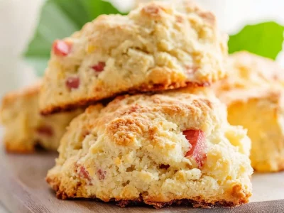 Freshly baked easy rhubarb scones on a plate