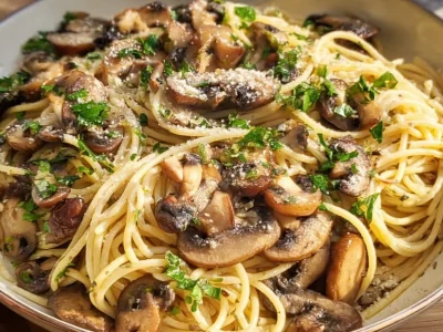 A plate of easy Mushroom Garlic Spaghetti topped with fresh herbs and grated cheese.