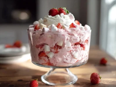 Delicious and easy strawberry fluff dessert in a bowl