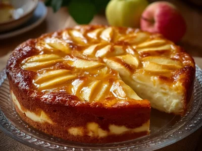 Delicious easy sugar-free apple cream cheese cake topped with fresh apples.