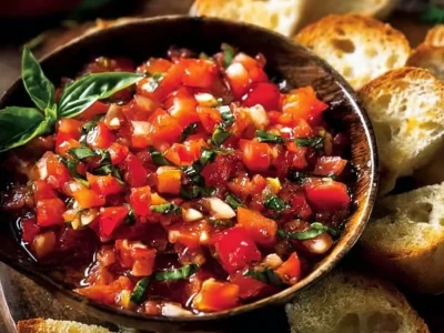 Easy tomato bruschetta with fresh tomatoes and basil on toasted bread