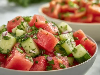 Refreshing watermelon cucumber salad with mint and lime dressing