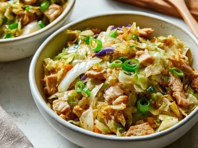 Healthy egg roll bowls with colorful vegetables and protein.